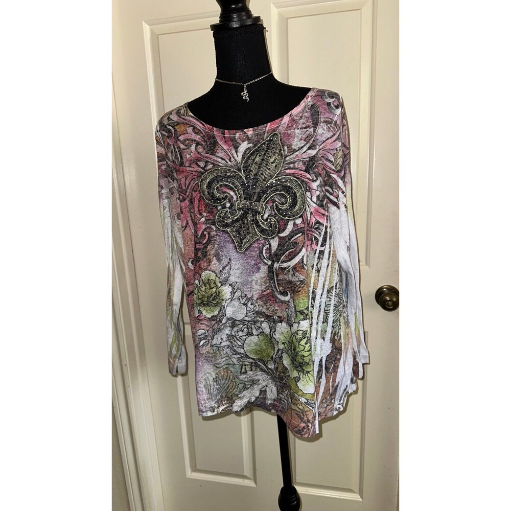Lane Bryant y2k LONG SLEEVE FLEUR DE LIS W/WINGS &RHINESTONES mcbling top size1x - Picture 2 of 9